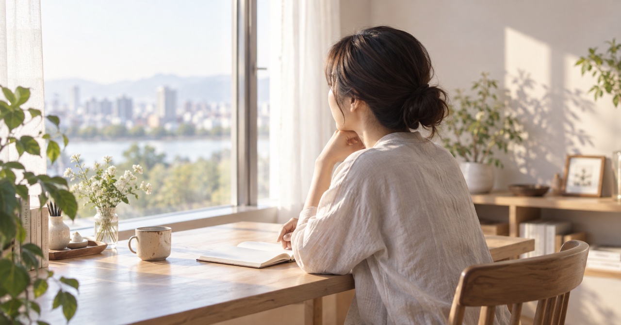窓辺の机でノートを開き、静かに外の光を見つめる人