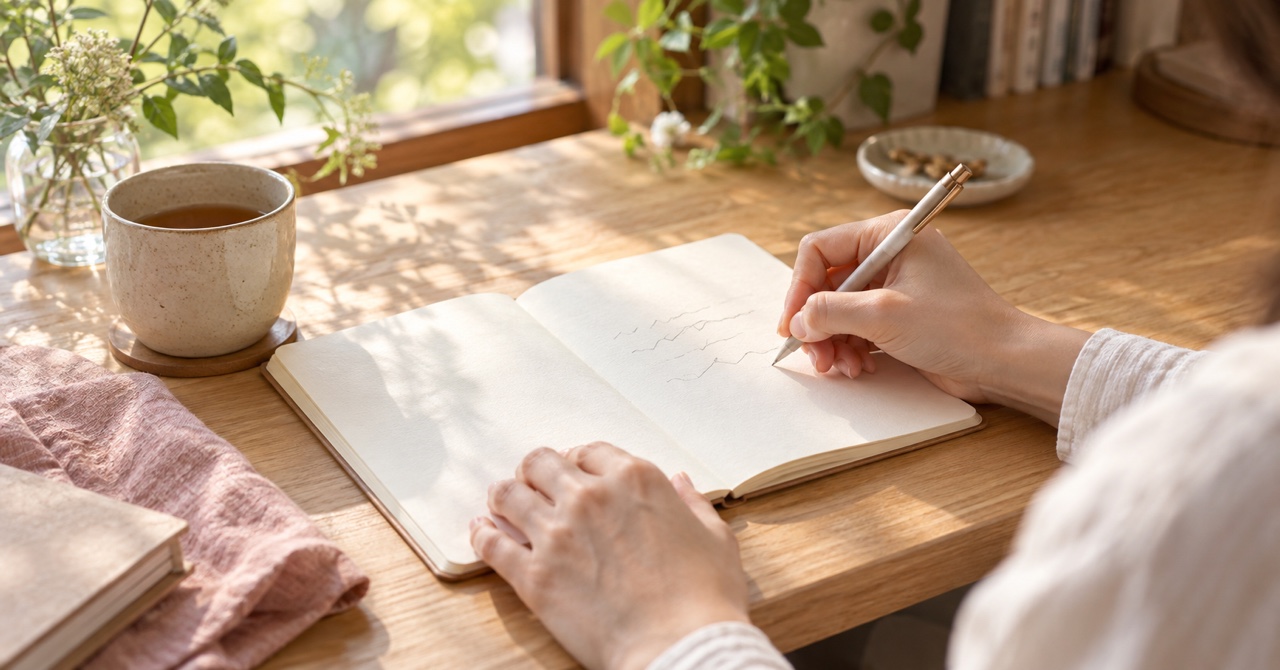 自然光の入る静かな机で、開いたノートに自分の思いを書き留める人の手元