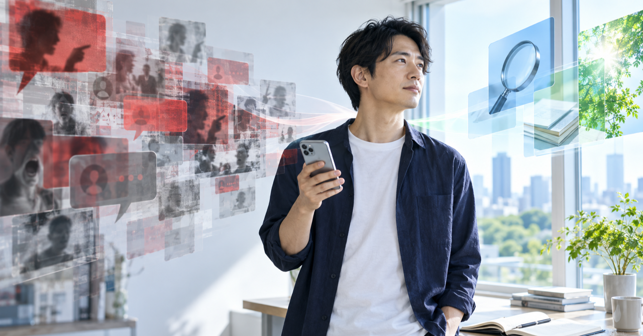 スマートフォン上の赤い情報ノイズから離れ、出典確認と事実による明晰な判断へ目を向ける日本人男性のイメージ