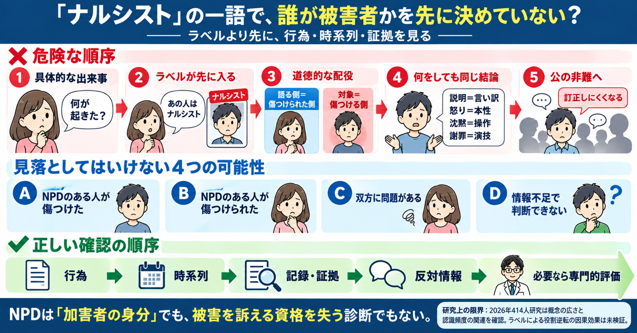 『ナルシスト』というラベルだけで被害者と加害者を決めず、具体的な行為と証拠を確認する流れを示す図解