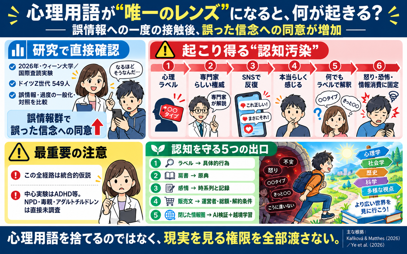 心理ラベルが唯一のレンズへ変わる流れと、認知を守る5つの出口を示した図解